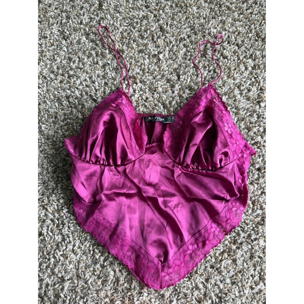Nasty Gal Collection Magenta Satin Lace Trim Handkerchief Hem Camisole Top US 6
